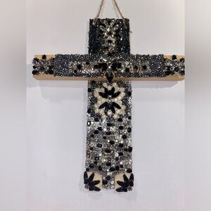 Wood ✝️ w/ Repurposed Jewelry Deco of Silver, black, transparent & Rhinestones